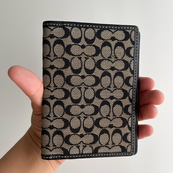 Coach Accessories - Coach Passport Holder Black Leather + Black/Tan Coach Logo Canvas
